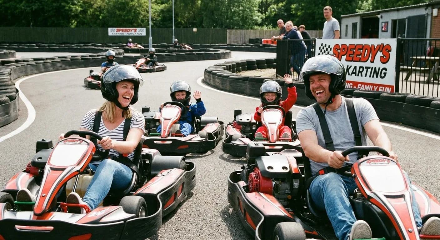 SkagaVenture - Gezin met kinderen in go-karts op een kartbaan voor familie-uitjes en kinderfeestjes