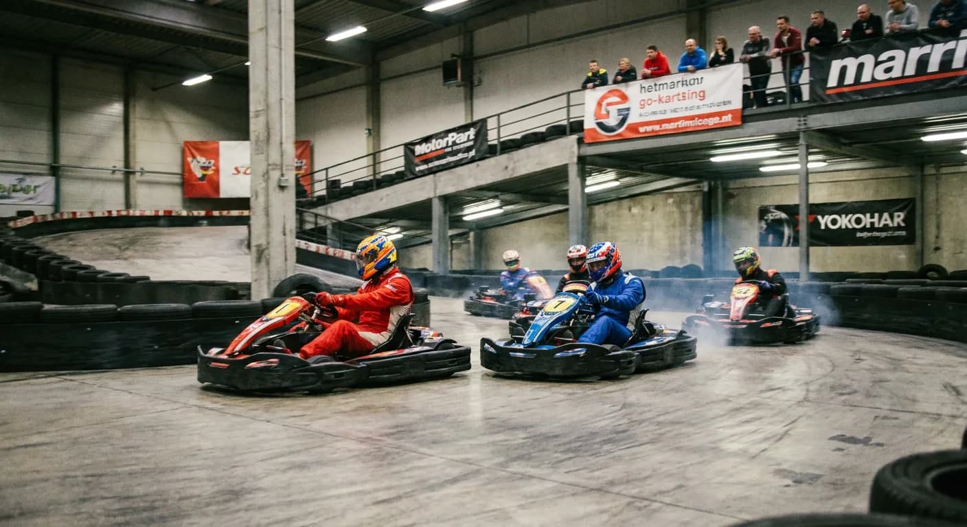 Kartbaan Linnaeushof - Indoor kartbaan in Nederland met racers op een verlichte racebaan