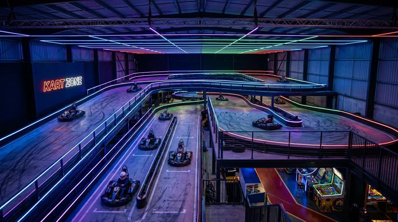 Go-Kart-in - Indoor kartbaan met neon led verlichting en karts op een meerlaagse racebaan