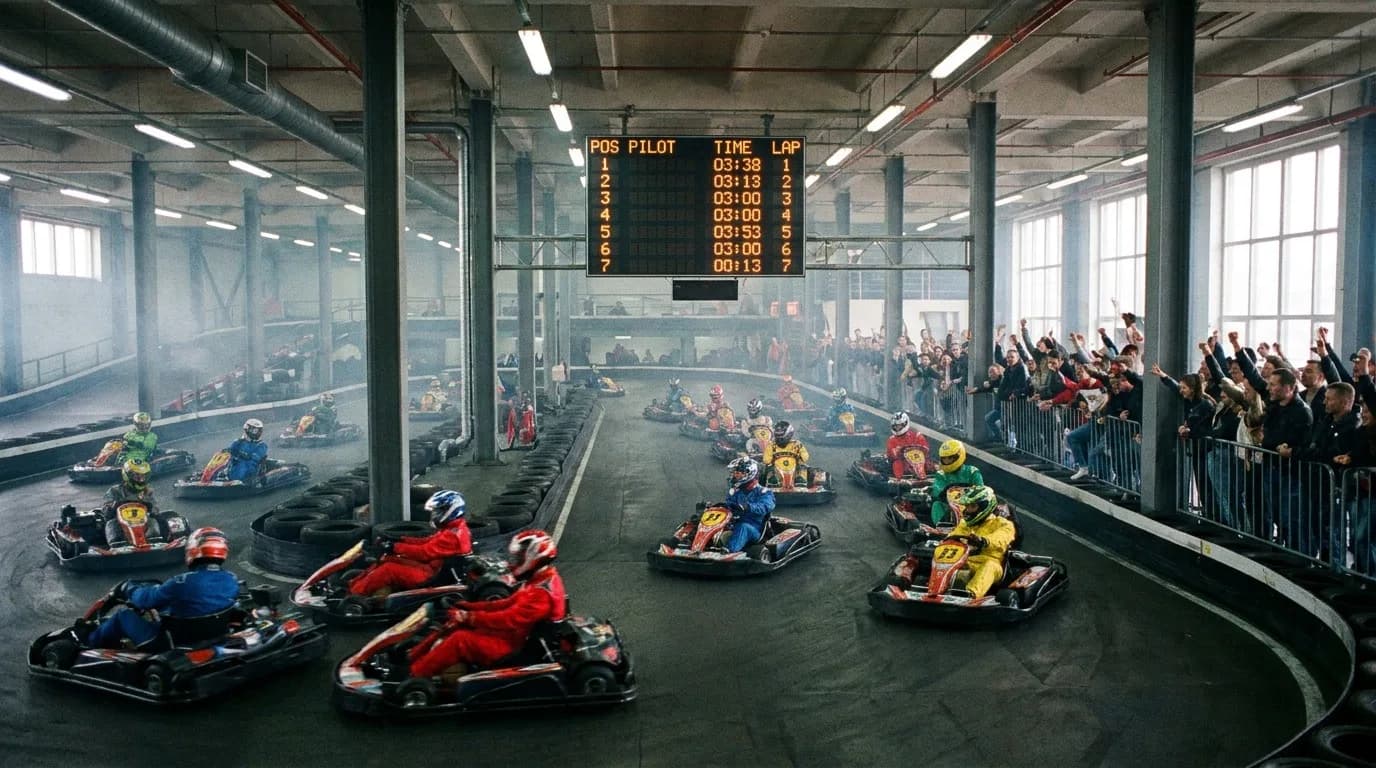 Holland Indoor Karting Arkel - Indoor kartbaan met racekarts scorebord en publiek langs de baan