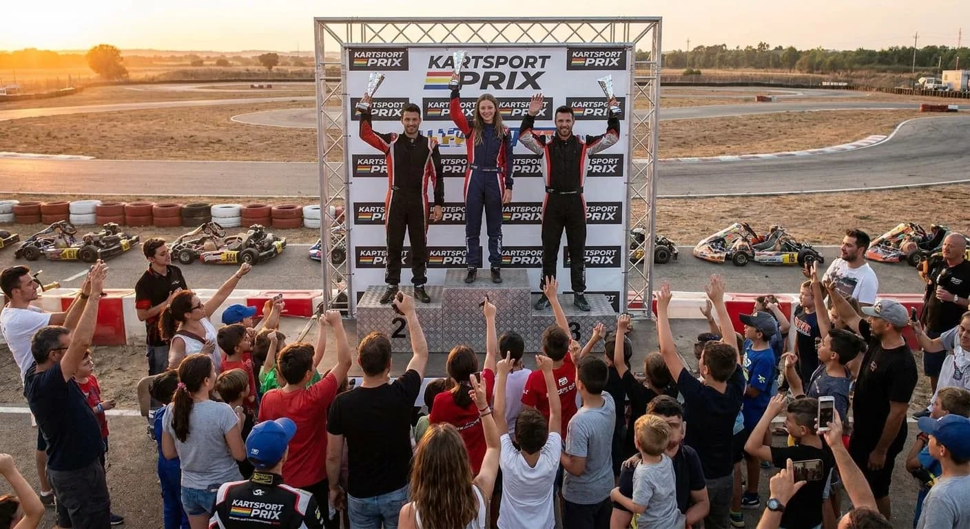 Kartbaan Oldenzaal - Karting prijsuitreiking met winnaars op het podium en trofeeën