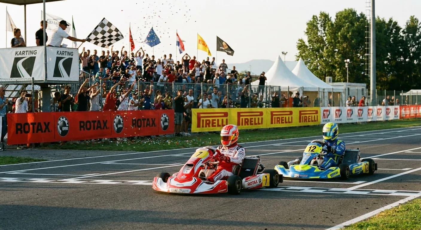 Kombikart-Circuit "De Landsard" - Kartwedstrijd finish met geblokte vlag confetti en juichend publiek