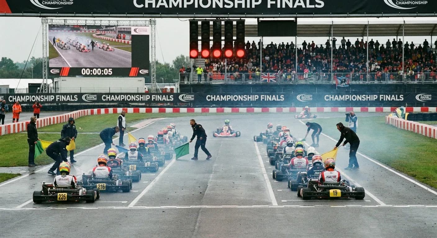 Kart en Bowlingcentrum Groningen - Startgrid van een kartwedstrijd met coureurs en vlaggen tijdens een kampioenschap