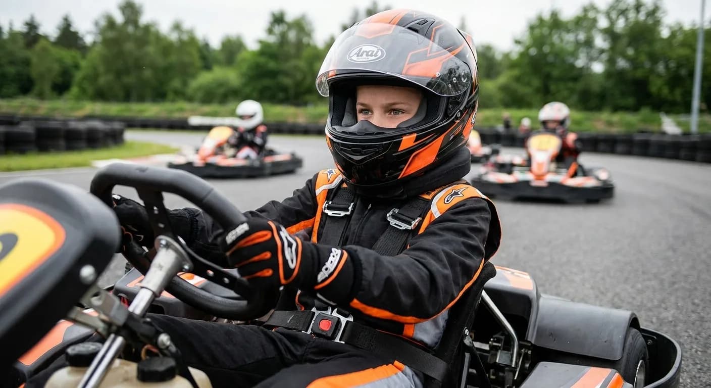 Circuit Park Berghem - Jonge kartcoureur in racekart op een outdoor kartbaan in Nederland
