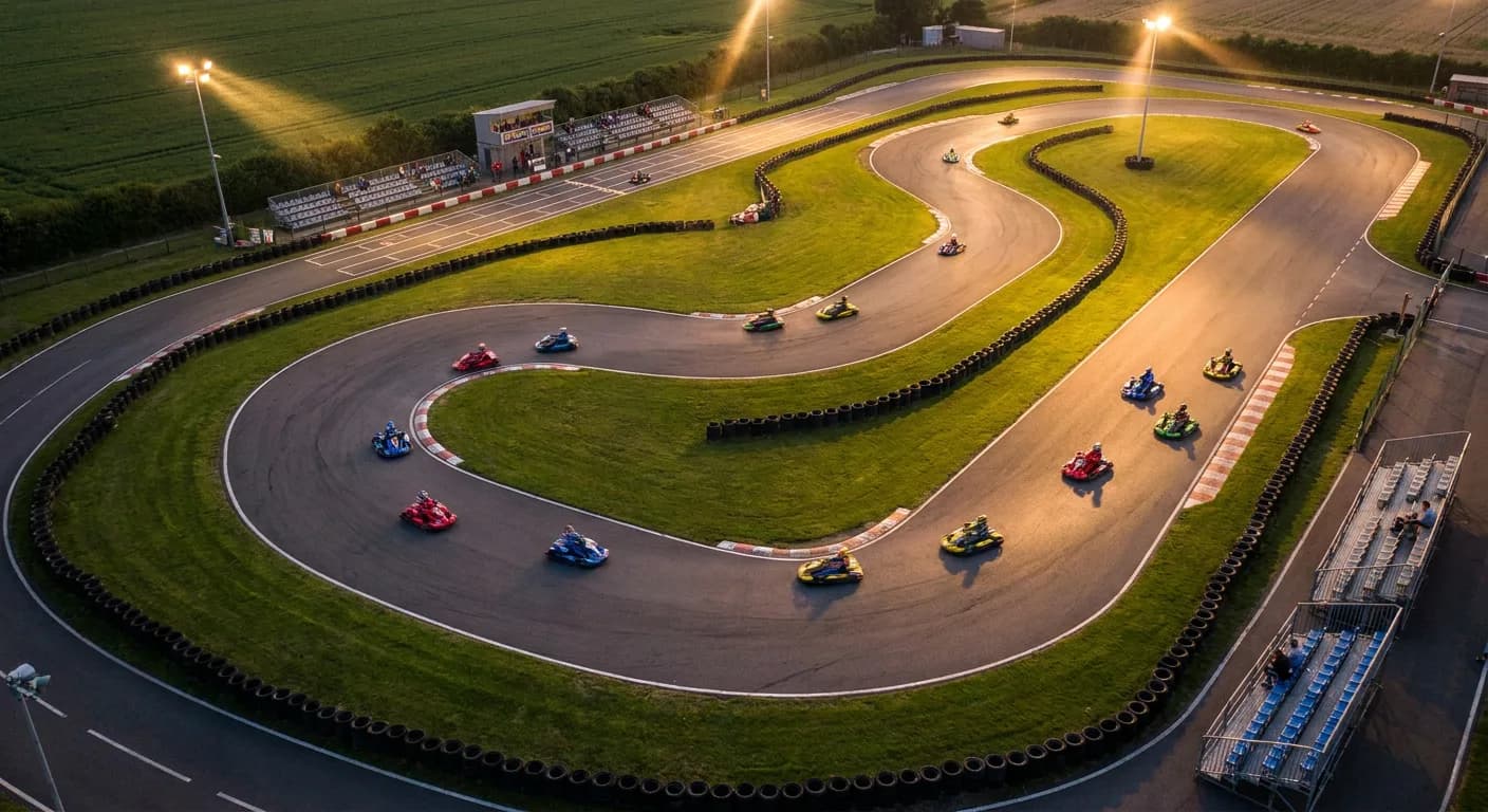 Kartbaan Uden - Luchtfoto van een outdoor kartbaan met race in de avondzon