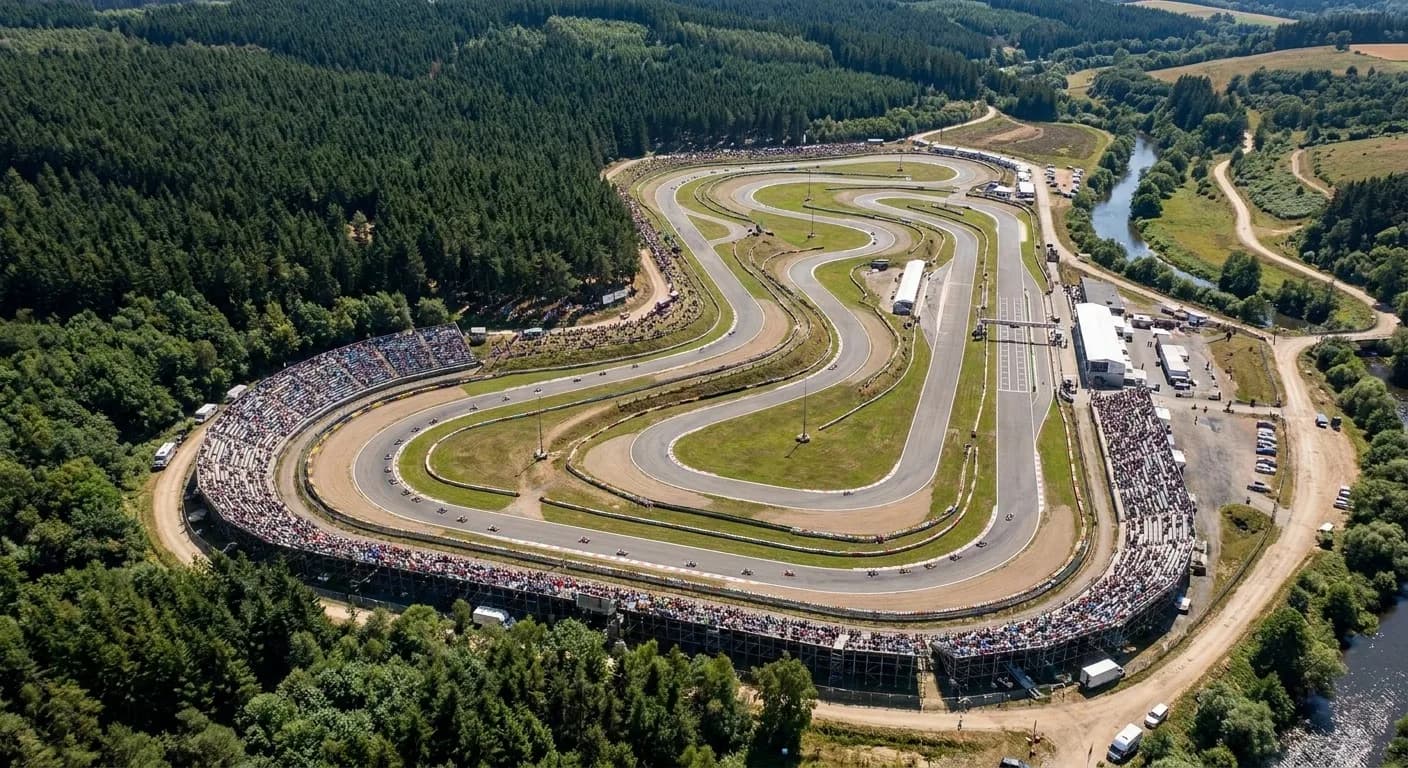 Adventure Eefde - Luchtfoto van een outdoor kartcircuit in een bosrijke omgeving met tribunes