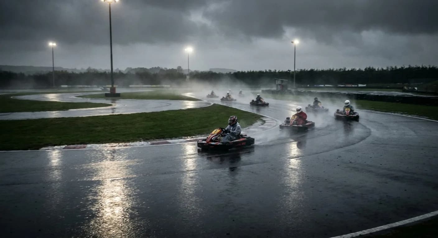 Kartbaan Linnaeushof - Outdoor karten in de regen op een natte kartbaan met verlichte bochten